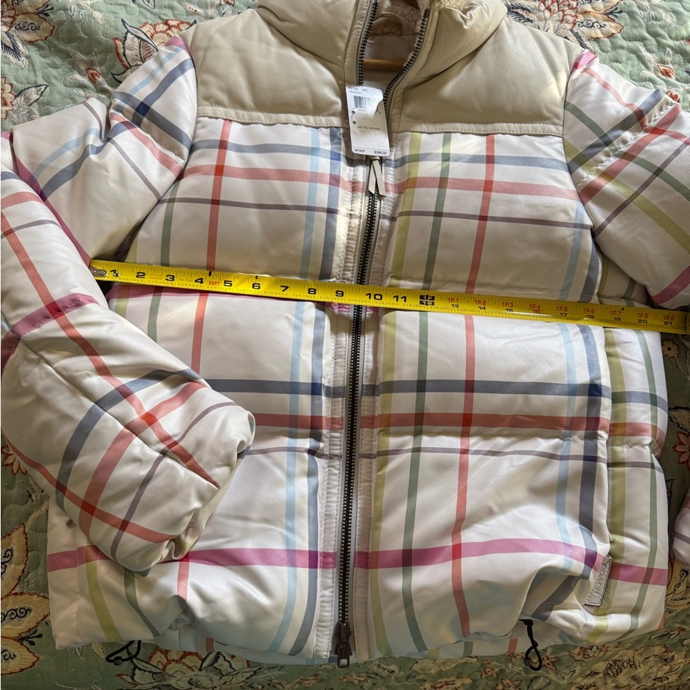 Coach Legacy Tattersall Down Puffer Down Jacket women’s leather trim medium NWT